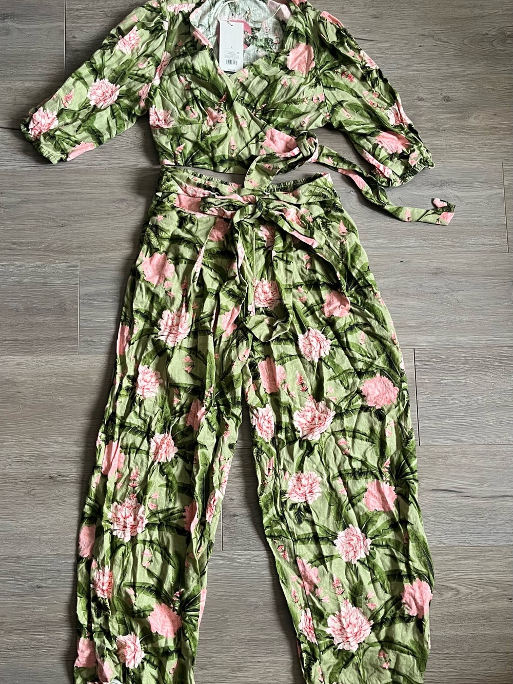 2 Piece Linen Blend Green Floral Wrap Top & Elastic Waist Pants